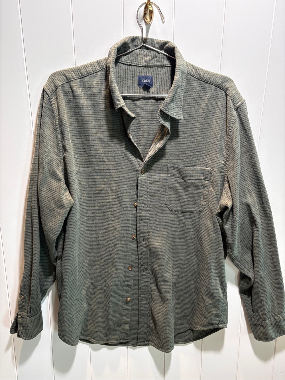 J. Crew Mens army green with pin stripe long sleeve L cotton blend